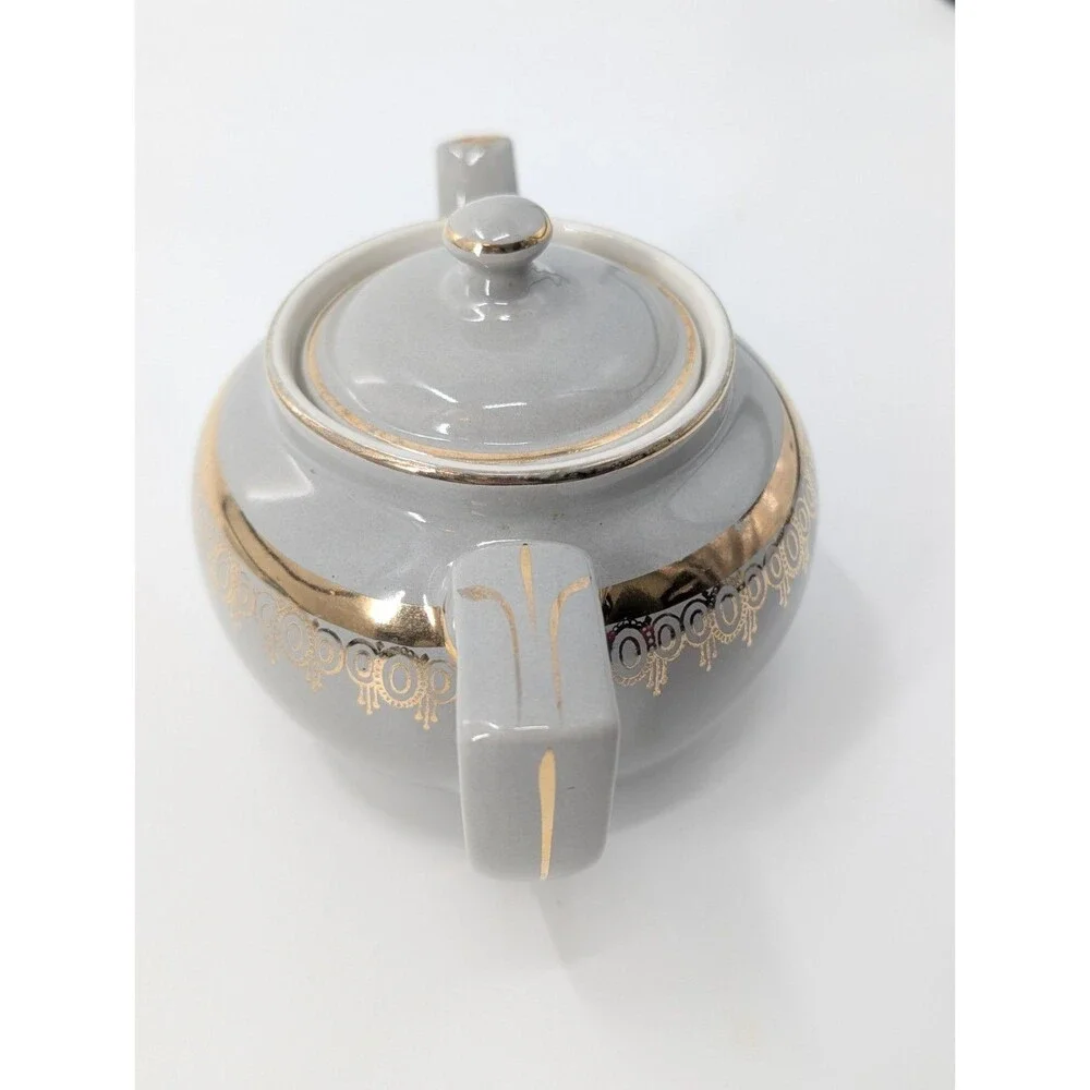 Hall Vintage Gray Metallic Gold Tea Pot 6 Cups Made in USA Art Deco Style